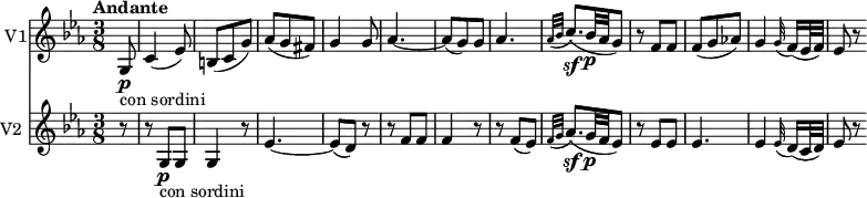 
<<
  \new Staff \with { instrumentName = #"V1"} \relative c' {
         \clef "treble"
         \tempo "Andante"
         \key ees \major
         \time 3/8
          \tempo 4 = 50
    \partial 8 g8 \p _ \markup{con sordini} c4 (ees8)
    b (c g')
    aes (g fis)
    g4 g8
    aes4. ~ aes8 (g) g
    aes4.
    \grace {aes32 (bes} c8.)\sf (bes32\p aes g8)
    r8 f f
    f (g aes!)
    g4 \grace g32 (f16) (ees32 f)
    ees8 r
}
 \new Staff \with { instrumentName = #"V2 "} \relative c' {
         \clef "treble"
         \key ees \major
         \time 3/8
         \partial 8 r8 r g\p _ \markup{con sordini} g g4 r8
         ees'4. ~ ees8 (d) r r f f f4 r8 r f (ees)
          \grace {f32 (g} aes8.)\sf (g32\p f ees8)
         r8 ees ees
         ees4.
        ees4 \grace ees32 (d16) (c32 d)
        ees8 r

}
>>
