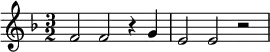 { \key d \minor \time 3/2 f'2 f'2 r4 g' e'2 e'2 r2 }