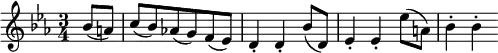\relative bes' {
\key es \major \time 3/4
\partial 4 bes8( a) | c8( bes) as!( g) f( es)
d4-. d-. bes'8( d,) | es4-. es-. es'8( a,) | bes4-. bes-.
}