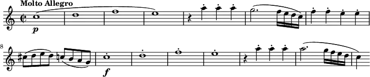\relative c'' {
\version "2.18.2"
\key c \major
\time 2/2
\set Staff.midiInstrument = "string ensemble 2"
\tempo "Molto Allegro"
\tempo 4 = 210
c1\p ( d f e)
r4 a4-. a-. a-.
g2. (f16 e d c)
f4-. f-. e-. e-.
cis8 (d e d) c (b a g)
c1-.\f d-. f-. e-.
r4 a4-. a-. a-.
a2. (g16 f e d c4)
}