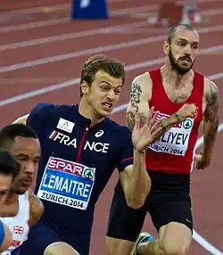 Zielkurve (v.&nbsp;l.&nbsp;n.&nbsp;r.): James Ellington, Christophe Lemaitre, Ramil Guliyev