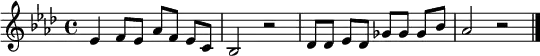 \relative c' { \key as \major \time 4/4 \tempo 4 = 165 \set Score.tempoHideNote = ##t \autoBeamOff es4 f8[ es8] as8[ f8] es8[ c8] | bes2 r2 | des8[ des8] es8[ des8] ges8[ ges8] ges8[ bes8] | as2 r2 | \bar "|." }