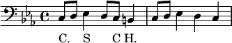 \relative c {
\tempo 4=72 \set Score.tempoHideNote = ##t \clef bass \key c \minor
c8 d es4 d8 c h4 c8 d es4 d c
}
\addlyrics { C. _ S _ C H. }