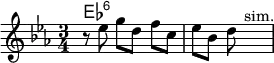 \version "2.18.2"
<< \chords {es2.:6}
 \relative c'' {\key es \major \time 3/4 r8 es8 \noBeam g8[ d] \noBeam f c es[ bes] d s4.^\markup{sim.} }
>>