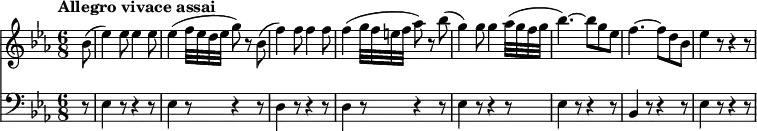 
<<
  \new Staff \relative c'' {
         \clef "treble"
         \tempo "Allegro vivace assai"
         \key ees \major
         \time 6/8
          \tempo 4 = 170
    \partial 8 bes8 (ees4) ees8 ees4 ees8
    ees4 (f32 ees d ees g8) r8
    bes,8 (f'4) f8 f4 f8
    f4 (g32 f e f aes8) r8
    bes (g4) g8 g4 aes32 (g f g bes4.) ~ bes8 g ees
    f4. ~ f8 d bes ees4 r8 r4 r8
}
 \new Staff \relative c {
         \clef "bass"
         \key ees \major
         \time 6/8
         \partial 8 r8 ees4 r8 r4 r8 ees4 r8 r4 r8
         d4 r8 r4 r8 d4 r8 r4 r8
         ees4 r8 r4 r8 ees4 r8 r4 r8
         bes4 r8 r4 r8
         ees4 r8 r4 r8
}
>>
