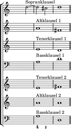 

\new ChoirStaff <<
<< % wegen Generalbass
   \new Staff <<
\set Score.tempoHideNote = ##t
    \tempo 4 = 160
           \override Staff.TimeSignature.transparent = ##t
              \relative c'' {s2 d^"Sopranklausel" ~ d cis d1 \bar "||"}
   >>

   \new Staff <<
           \override Staff.TimeSignature.transparent = ##t
              \relative c'' {s1 a^"Altklausel 1" fis}
   >>

   \new Staff <<
           \override Staff.TimeSignature.transparent = ##t
              \relative c' {s1 e^"Tenorklausel 1" d}
   >>

   \new Staff <<
           \override Staff.TimeSignature.transparent = ##t
              \clef "bass"
              \relative c' {s1 a^"Bassklausel 1" d}
   >>
   \new Staff <<
           \override Staff.TimeSignature.transparent = ##t
              \relative c' {s1 e^"Tenorklausel 2" fis}
   >>

   \new Staff <<
           \override Staff.TimeSignature.transparent = ##t
              \relative c'' {s1 a^"Altklausel 2" a}
   >>

   \new Staff <<
           \override Staff.TimeSignature.transparent = ##t
              \clef "bass"
              \relative c' {s1 a^"Bassklausel 2" d,}
   >>

>>

  \new FiguredBass {
    \figuremode { <_>1 <4>2 <_+>
    }
  }

>>

