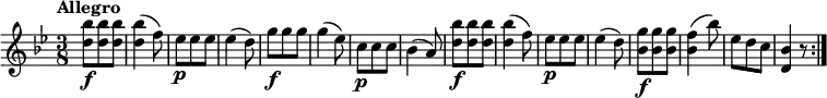 \relative c'' {
\version "2.18.2"
\key bes \major
\tempo "Allegro"
\time 3/8
\tempo 4 = 130
<d bes'>8\f <d bes'> <d bes'>
<d bes'>4 (f8)
ees\p ees ees
ees4 (d8)
g\f g g
g4 (ees8)
c\p c c
bes4 (a8)
<d bes'>8\f <d bes'> <d bes'>
<d bes'>4 (f8)
ees\p ees ees
ees4 (d8)
<bes g'>8\f <bes g'> <bes g'>
<bes f'>4 (bes'8)
ees, d c
<d, bes'>4 r8\bar ":|."
}