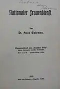 Veröffentlichung von Alice Salomon über den Nationalen Frauendienst mit Widmung an ihre Freundin Gräfin Pauline von Montgelas (archiviert im Ida-Seele-Archiv)