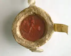 Siegel von Vytautas dem Großen mit Vytis (Waykimas), das die Säulen von Gediminas auf dem Schild zeigt, 1404