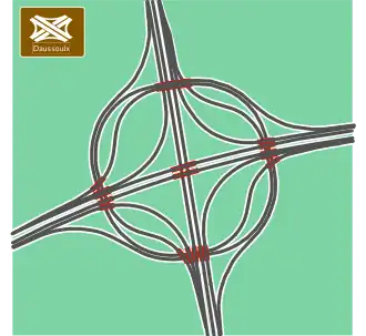 Turbine mit innenliegenden direkten Rampen. Autobahnkreuz Daussoulx bei Namur in Belgien. Die Durchfahrt für indirekte Linksabbieger liegt bei rund einer Minute.