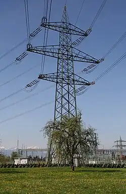 Bündelleiter (Vierer-Bündel) auf einem Hochspannungsmast für 380&nbsp;kV, im europäischen Verbundsystem