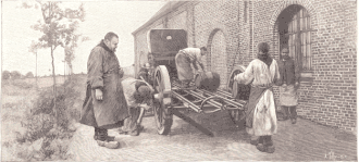 Kloster Mont des Cats: Trappisten verlegen Decauville-Gleise für die Erdbewegung in der Landwirtschaft und transportieren Bier auf einem aus Decauville-Schienen gebauten Wagen, 1898