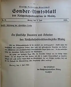 Sonder-Amtsblatt der Reichsbahndirektion Mainz zum Ende der Rheinlandbesetzung 1930