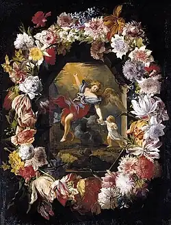Abraham Brueghel & Guillaume Courtois: Girlande aus Anemonen, Tulpen und Narzissen mit dem Schutzengel, ca. 1660–70, Öl auf Leinwand, 97 × 74 cm, Privatsammlung