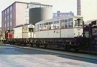 Ankunft des Triebwagens 46 und des Beiwagens 79 im August 1964 in Darmstadt