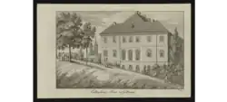 „Entbindungs-Haus zu Göttingen“, Ansicht der südlichen Seitenfassade mit davor der Rampe zum Stadtwall. Stich von Ernst Ludwig Riepenhausen, um 1821[38]