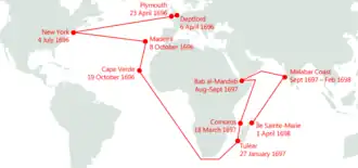 Karte der Reisen der Adventure Galley von 1696 bis 1698
