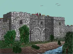Abschnitt 43: Rekonstruktions- versuch des Westtores von Aesica, Zustand im 4. Jahrhundert n. Chr., Blick aus NW