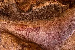 Rinder. Schemnehafte, ockerfarbene Rinderzeichnungen auf Felshintergrund.