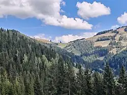 Blick vom Dornerkogel nach Nordosten auf Hofbauerhütte und Aibel (grasige Kuppe links hinten)