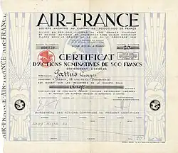 Aktie der Air France S.A. über 20 Anteile zu je 500 Francs, ausgegeben in Paris am 2. August 1937, mit Unterschrift ihres Gründers Ernest Roume als Präsident