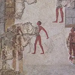 Darstellung einer Priesterin auf einem Balkon mit Kulthörnern (links) und Mitführung eines Opfertieres bei der Jünglingsprozession (rechts) in der Stadtansicht der rechten Seite des Schiffsfreskos (nach Nanno Marinatos)