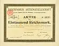 Aktie der Lederfabrik vormals Eyck & Strasser mit der Unterschrift Oscar Rothschilds