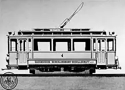 Seite aus dem Produktkatalog der Aktiengesellschaft für Eisenbahn- und Militärbedarf Weimar mit Straßenbahn für die Sächsische Überlandbahn GmbH