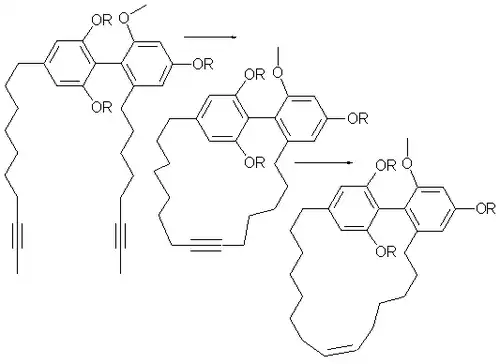 Turrian-Synthese. 1: Alkinmetathese, 2: Reduktion am Lindlar-Katalysator, PMB = para-Methoxybenzyl-Schutgruppe. Mikrowellenreaktion, die zwischen 5 min und 6 h dauert.