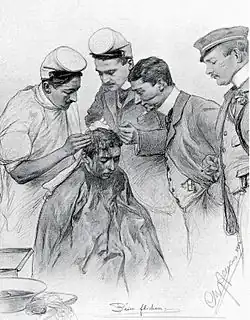 Versorgung einer frischen Mensurwunde durch den Paukarzt, 1902