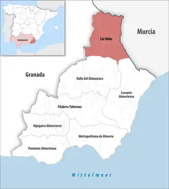 Die Lage der Comarca Comarca de los Vélez in der Provinz Almería