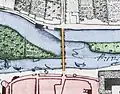 Lage der Brücke auf einer Karte von 1728, links der Doktorwerder, rechts der Blümer Werder