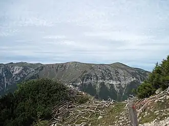 Blick von der Rax auf die Schneealpe (annotiert), rechts der Amaißbichl, mittig die Schauerwand, links hinten der Windberg
