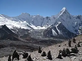 Blick von Norden: Ombigaichen in der Bildmitte, links daneben Peak 6402, rechts Ama Dablam
