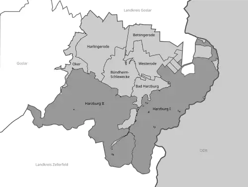 Der Amtsbezirk Harzburg vor der Ausgliederung aus dem Landkreis Wolfenbüttel; das Gebiet entsprach der braunschweigischen Exklave im Osten des heutigen Landkreises.