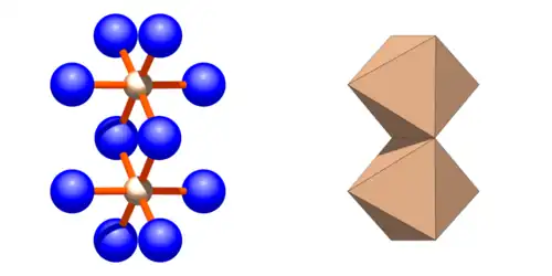Andalusitstruktur: 6-fach koordinierte Position Links: Kation (braun) umgeben von 6 Anionen (blau) Rechts: Koordinationsoktaeder