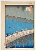 Ando Hiroshige: Regenguss an der Ohashi-Brücke, Atake, aus der Serie Hundert berühmte Ansichten von Edo