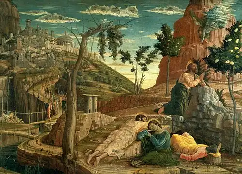 Andrea Mantegna, Christus am Ölberg (1459), Öl auf Holz, 71 × 94&nbsp;cm.