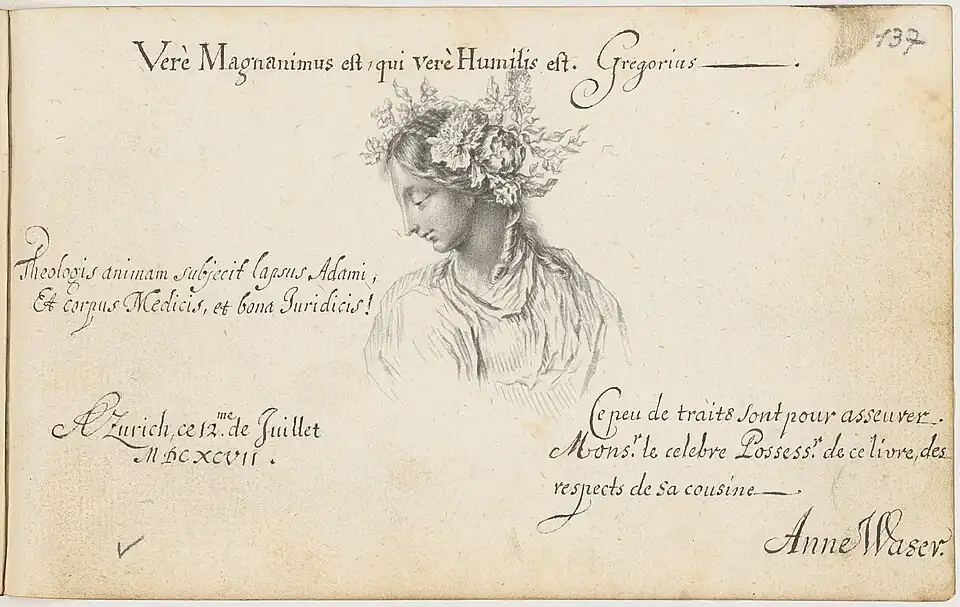 Eintrag von Scheuchzers Cousine, der Malerin Anna Waser (1678–1714), datiert 12.&nbsp;Juli 1697. Waser schuf später Illustrationen für ein Werk von Scheuchzer, siehe unten.