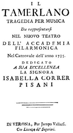 Antonio Vivaldi – Tamerlano, Bajazet – Titelseite des Librettos – Verona 1735