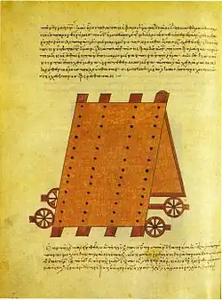 Apollodor von Damaskus, Poliorketika 148: „Schild­kröte“ Chelone, ein fahrbares Schutz­dach als Belager­ungs­gerät, in der Hand­schrift Paris, Bibliothèque Nationale, Graec. 2442, fol. 81v (11./12. Jahrhundert)