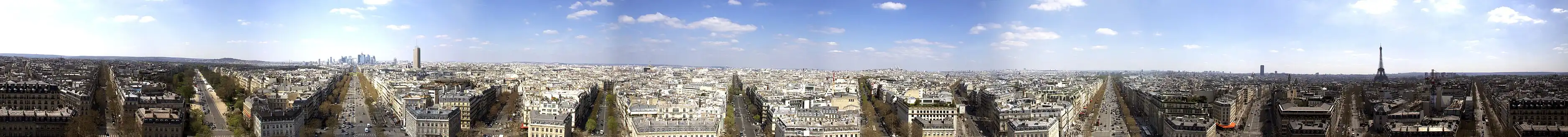 Panoramablick auf Paris von der Spitze des Arc de Triomphe aus gesehen, rechts der Eiffelturm
