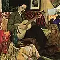 Armando de Basto: Gitarrenspieler (O meu violão não tem cordas, só serve para isto, Bildnis Dr. Pimentel, 1918, Öl auf Leinwand, 104,5 × 104,5 cm)