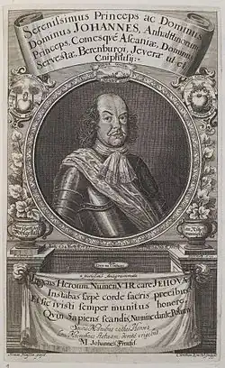 Fürst Johann&nbsp;VI. von Anhalt-Zerbst, nach einem Gemälde von Simon Heüsslin, für Johannes Frentzel, Fürstlich Waldecksche Hofbibliothek
