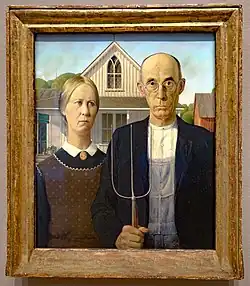 Grant Wood: American Gothic (1930), Öl auf Holzfaserplatte, 76 × 63,3 cm, Art Institute of Chicago