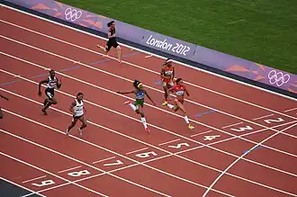 Zieleinlauf Vorlauf fünf: Dana&nbsp;Hussein&nbsp;Abdulrazak (Bahn&nbsp;2), Toea&nbsp;Wisil (B.&nbsp;3), Allyson&nbsp;Felix (B.&nbsp;4), Rosângela&nbsp;Santos (B.&nbsp;5), Allison&nbsp;Peter (B.&nbsp;6), Ruddy&nbsp;Zang&nbsp;Milama (B.&nbsp;7)