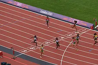 Zieleinlauf Vorlauf drei: Yomara&nbsp;Hinestroza (Bahn&nbsp;2), Saruba&nbsp;Colley (B.&nbsp;3), Veronica Campbell-Brown (B.&nbsp;4), Gloria&nbsp;Asumnu (B.&nbsp;5), Iwet&nbsp;Lalowa (B.&nbsp;6), Abiodun&nbsp;Oyepitan (B.&nbsp;7), Phobey Kutu-Akoi (B.&nbsp;8), Lina&nbsp;Grinčikaitė (B.&nbsp;9)