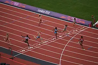 Zieleinlauf Vorlauf zwei: Marta&nbsp;Jeschke (Bahn&nbsp;2), Diane&nbsp;Borg (B.&nbsp;3), Olga&nbsp;Bludowa (B.&nbsp;4), Sheniqua&nbsp;Ferguson (B.&nbsp;5), Carmelita&nbsp;Jeter (B.&nbsp;6), Olga&nbsp;Belkina (B.&nbsp;7), Anyika&nbsp;Onuora (B.&nbsp;8), Julija&nbsp;Balykina (B.&nbsp;9)