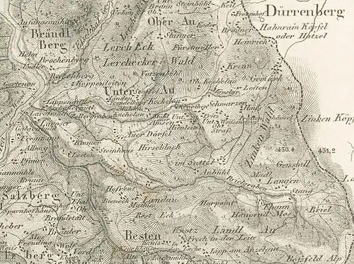 Oberau, Unterau und Resten auf einer Karte von 1826