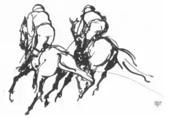 Zu sehen ist eine Zeichnung mit zwei Pferden, von hinten, wahrscheinlich während eines Pferderennens, und darauf zwei Reitenden. Es ist vermutlich eine Tuschezeichnung.